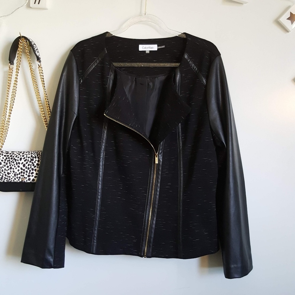 Calvin Klein collarless zip blazer leather jacket